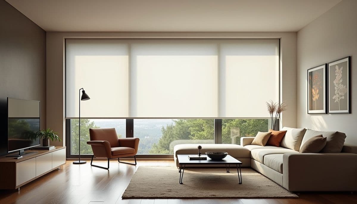 Roller blinds lowered across a wide living room window, soft daylight filling the room